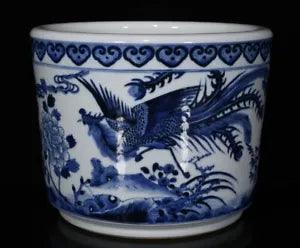8.1" Old Porcelain qing dynasty kangxi Blue white phoenix peony flower Brush Pot