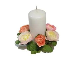 Spring Ranunculus 7" Candle Ring 4" Inside Silk Flower Pillar Taper Votive Decor
