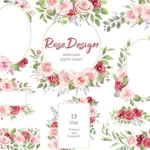 Watercolor Blush Rose clipart, Pink roses floral frame clipart. Corner Floral Bouquet. Seamless floral border. Boho roses wedding frame