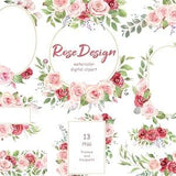 Watercolor Blush Rose clipart, Pink roses floral frame clipart. Corner Floral Bouquet. Seamless floral border. Boho roses wedding frame