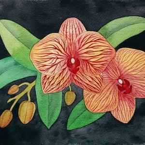 Orchid Painting Flower Original Art 9,5" x 12,5" by NikaDemenko Botanical Watercolor Artwork Tropical Plant Rainforest Jungle Floral Art