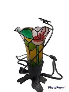 MCM Tiffany Style Tulip Lily Trumpet Table Night Lamp w/Metal Dragonfly  7.5"