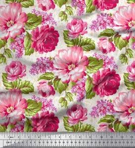 Soimoi Cotton Poplin Fabric Leaves & Peony Floral Printed Fabric-WYj