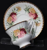 PARAGON FLUTED PINK, YELLOW, RED CARNATIONS FLOWERS CUP & SAUCER 60S VINTAGE