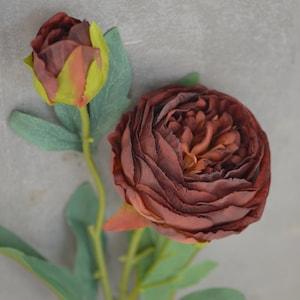 25.5" Tall, Dark Brown Dried Look Artificial Peonies, Faux Cabbage Peony Roses in Boho Brown, Fall Wedding Home, Dark Orange Holiday Decor