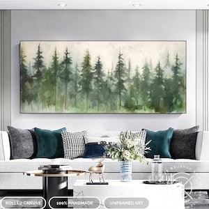 Extra Large Green Forest Painting On Canvas, Modern Colorado Fir Tree Canvas Art, Fancy Wabi Sabi Wall Art, Fashion Wall Art Decor