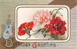 Pretty Pink & Red Carnations on Old Art Nouveau Birthdau Postcard