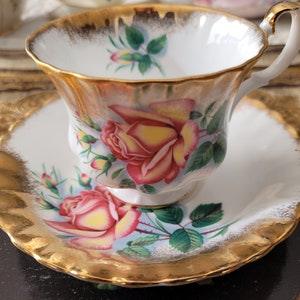 Royal Albert Sweetheart Roses China Tea Cup and Saucer, "Anne" Pink Peach/Yellow and Orange Roses Teacup and Saucer with Heavy Gold