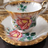 Royal Albert Sweetheart Roses China Tea Cup and Saucer, "Anne" Pink Peach/Yellow and Orange Roses Teacup and Saucer with Heavy Gold