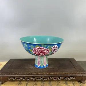 5.7" Chinese Qing Famille Rose Porcelain Gild Peony Flower High Foot Cup