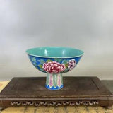 5.7" Chinese Qing Famille Rose Porcelain Gild Peony Flower High Foot Cup