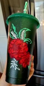 Starbucks Glitter Cold Cup Christmas Carnation Print Holiday 2022 Stripe Straw
