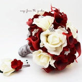 White Roses Red Calla Lily Rhinestone Bridal or Bridesmaid Prom Bouquet - add Groom Boutonniere Flower Crown Wedding Arch Centerpiece & More