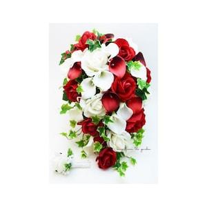 Cascade Bridal Bouquet Red White Callas Roses Ivy Greenery - Add a Groom's Boutonniere Bridesmaid Bouquet Corsage Centerpiece and More!