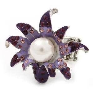 Lavender/ Deep Purple Enamel, Crystal, Simulated Pearl Calla Lily Flex Ring In
