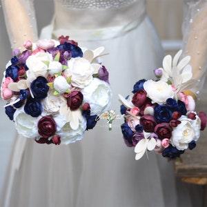 Rustic Autumn wedding  bouquet navy wine red blush color theme table flower Bouquet peony ranunculus wedding bouquet  bridesmaid bouquet
