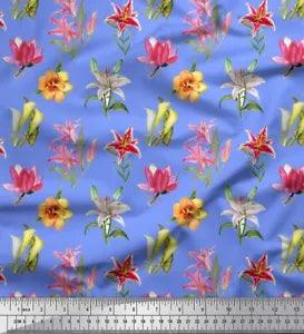 Soimoi Blue Cotton Poplin Fabric Lily & Lotus Floral Printed Fabric-qND