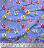 Soimoi Blue Cotton Poplin Fabric Lily & Lotus Floral Printed Fabric-qND