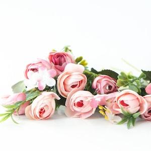 13 Small Mini Vintage Inspired Ranunculus Buds in Pink Tones plus Foliage - silk artificial flower - ITEM 01146
