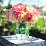 Artificial Open Rose Fake Flower Arrangements in Glass Vase with Acrylic Water