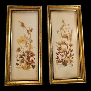 2 Vtg Framed Pressed Dried Flowers Reichlin Miniature Wall Art Switzerland 7"