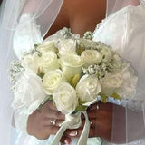White and Ivory Rose Bridal Bouquet - Artificial Silk Flowers For Wedding Anniversary Birthday | Claire De Fleurs