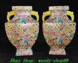 7" Qianlong Marked Wucai Glaze Porcelain Peony Flower 2 Ears Bottle Vase Pair