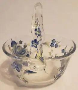 Hand Painted Blue Carnation Flower Clear Art Glass Basket
