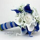 CHOOSE RIBBON COLOR - Royal Blue and White Calla Lily and Rose Bouquet, Royal Blue Bridal Bouquet, Calla Lily Bouquet, Baby's Breath, Bling