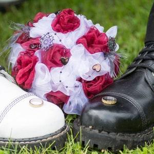 Organza, fabric, bridal, wedding bouquet decorated with feathers and pearls for bride and corsage for groom