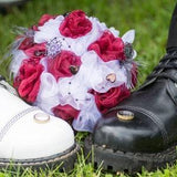 Organza, fabric, bridal, wedding bouquet decorated with feathers and pearls for bride and corsage for groom