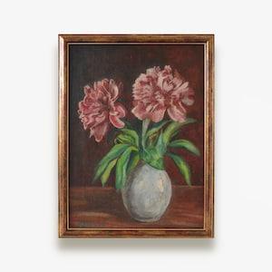 Vintage framed original oil painting. By European artist Horhq. Impressionist vertical pink peonies Still Life. Fine art. One of a kind.