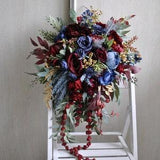 Burgundy gold navy blue bridal bouquet, Fall wedding bouquet. Cascading bouquet