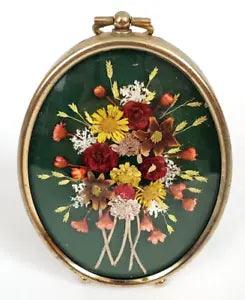 Vintage Dried Straw Flower Oval Convex Glass Frame BOHO Wall Hanging Desk Art 4"