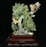 16" China Natural Xiu Jade Jadeite Carved subshrubby peony flower Birds Statue