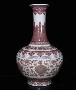 14.8" Old Porcelain qing dynasty qianlong mark Underglaze red peony flower Vase