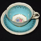 AYNSLEY  blue teacup and saucer multi color flowers bouquet hand painted Gold Rimmed  vintage gold scroll 5330 pink rose turquoise