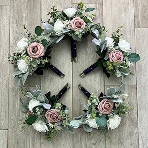 Boho bridesmaid bouquet, dusty pink, white roses & greenery bridal bouquet, eucalyptus sage wedding bouquet, corsage, boutonni¡§¡§res