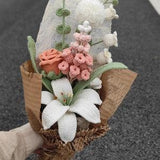 Finished Blush Pink Crocheted Grape Hyacinth, Rose, and White Lily Bouquet-Lily Bouquet,Valentine's Day Gift