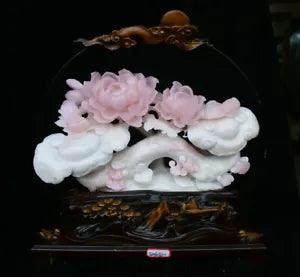 18.8" China Natural Xiu Pink Jade Carving Peony Flower Birds Ruyi Lucky Statue