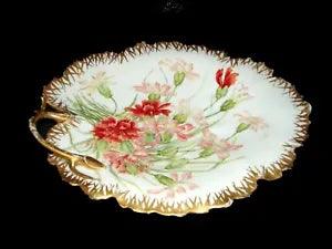 Antique Limoges Guerin-Pouyat-Elite Hand Painted Carnations Porcelain Leaf Dish