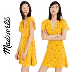 Madewell Silk Belladonna Dress 8 Floral Yellow Carnations V Neck Short Sleeve