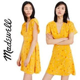 Madewell Silk Belladonna Dress 8 Floral Yellow Carnations V Neck Short Sleeve