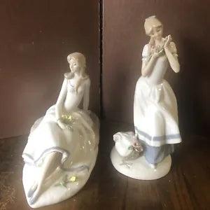 2 stunning porcelain figurines by Lladro artist Fulgenico carnation maiden tulip