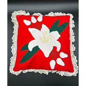 Vintage Throw Pillow Handmade Red White Calla Lily Flower Lace Decorative Kitsch