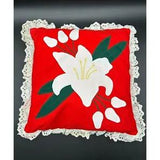 Vintage Throw Pillow Handmade Red White Calla Lily Flower Lace Decorative Kitsch