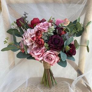 Dusty Pink, Mauve and Burgundy Bridal Bouquet, Classic Wedding Rose Bouquet, Rustic Boho Flower Bouquet,  Design in Rose and Peony