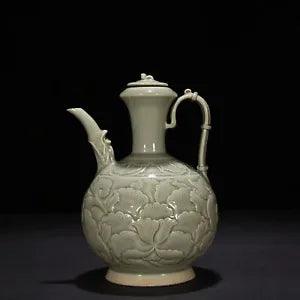 10.6" China porcelain song dynasty yaozhou kiln cyan glaze peony flower Teapot