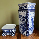 Vintage Bombay China White and Blue Porcelain Vase with Base/Chinese Landscape White and Blue Tall Pedestal Vase