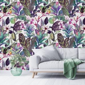 Jungle removable wallpaper, peel and stick wall mural, watercolor pattern of tropical plants, temporary wallpaper, home decor